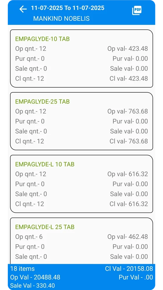 Stock statement screen in the CSR App